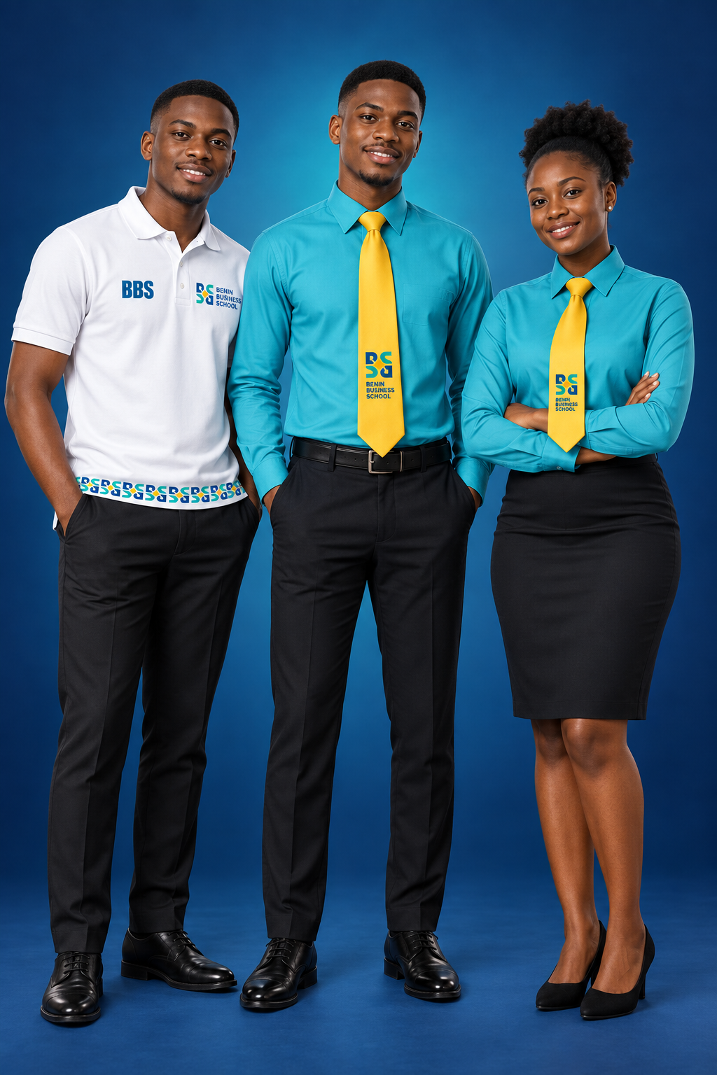 Trois étudiants de BENIN BUSINESS SCHOOL portant les uniformes officiels